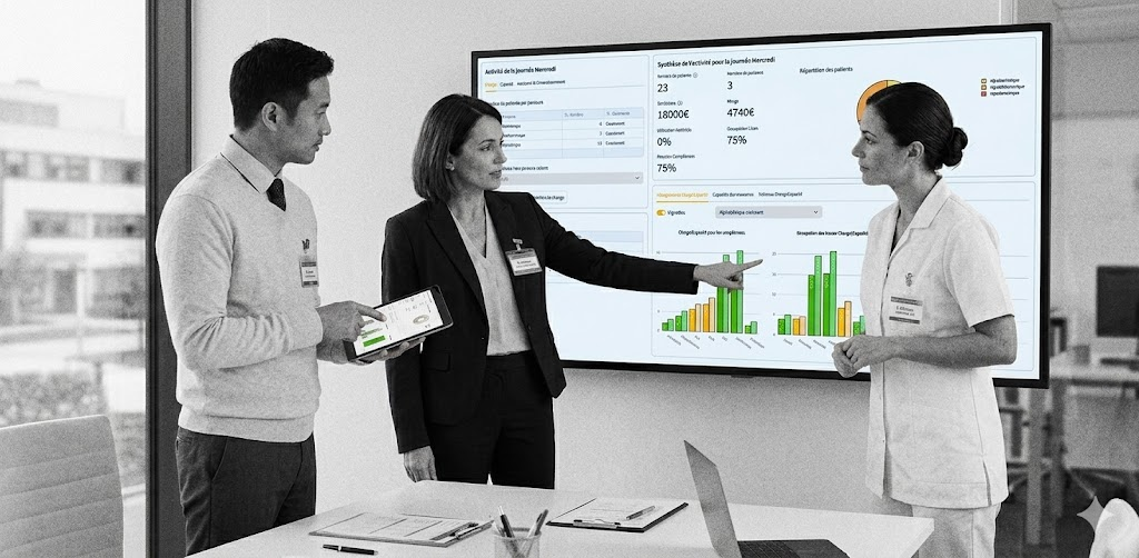 Réunion d'équipe autour du simulateur meeDIA-Plan pour dimensionner un hôpital de jour