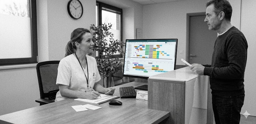 Infirmière utilisant meeDIA-Prog auprès d'un patient en hôpital de jour